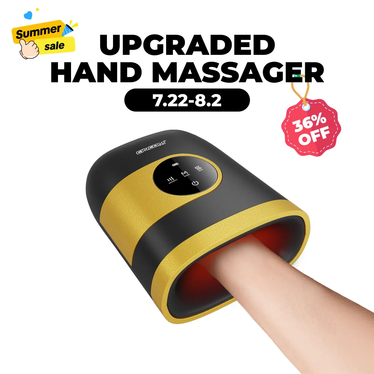 CINCOM Upgraded New Hand Massager, Cordless Finger Massager with Heat and Vibration, Adjustable Intensity and Temperature, with Clear Visible LED Screen, Rechargeable, Comfort, Great as a Gift for Friends or Family, Comfort