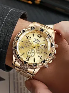 1 piece of men's fake three eye casual steel band watch, alloy fashion watch