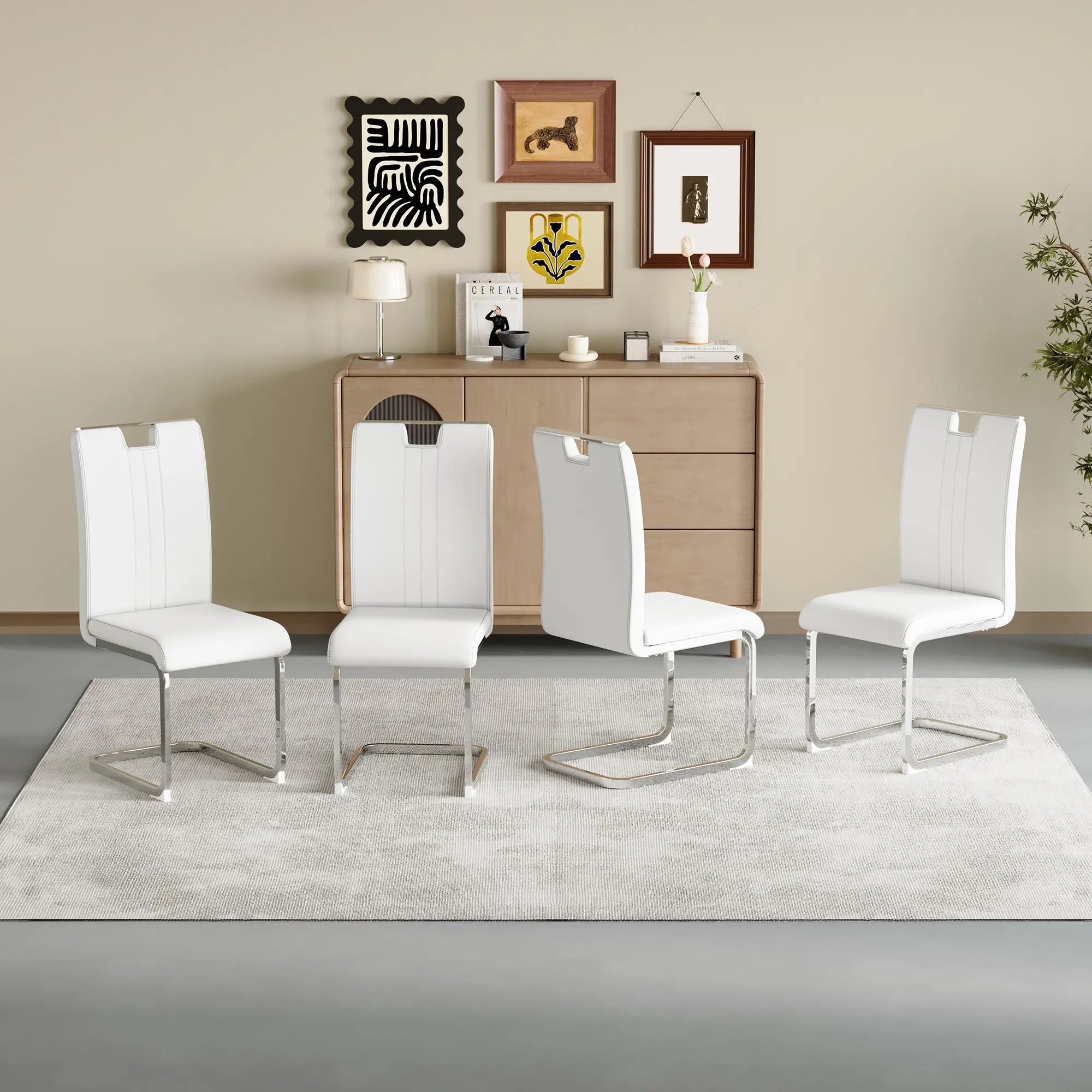 4-Piece White PU Leather Glam Dining Chairs - Modern Minimalist Armless Kitchen Table Chairs, Curved Back Comfy Seating for Small Spaces & Home Office, Easy to Clean & Assemble for Parties