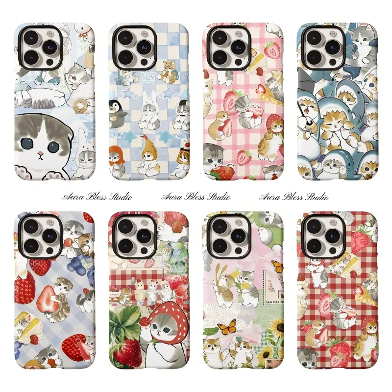 Cute Cartoon Shark Cat Strawberry Kawaii Mofusand Phone Cases For iPhone 17 Promax Air 16 15 14 Pro Max Plus 13 12 11 Hard Bumper Sturdy Film Shells Shockproof Protective Cover Gifts For Birthday Valentine Christmas Thanksgiving Halloween