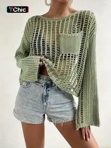 Women's Solid Pocket Hollow Out Round Neck Sweater, Casual Drop Shoulder Long Sleeve Jumper for Spring & Fall, Summer Outfits 2024, Women's Knitwear for Daily Wear