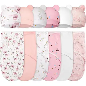 6 Pack Swaddle Blanket with Hats for Baby Girl Boy 100% Cotton Swaddles 0-3 Months, Adjustable Breathable Skin Friendly Receiving Blanket Wrap, Essential for Newborns