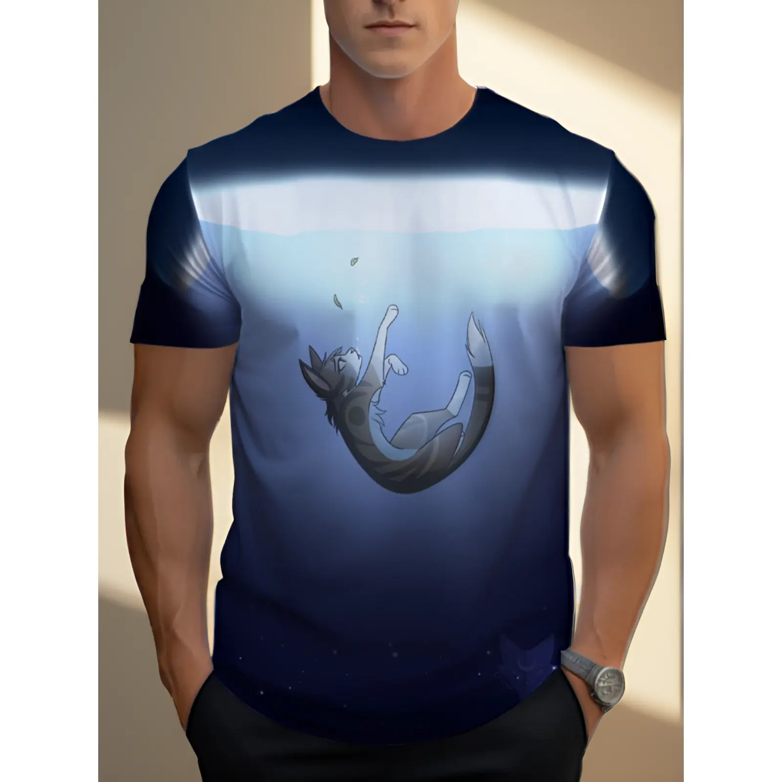 Men's Full-Body 3D Mermaid Print T-Shirt - Soft Lightweight Fabric Suitable for Home, Work & Outdoor, Navy Blue Short Sleeve Round Neck Casual Wear with Mermaid Scale, Non- for, PLUS SIZE