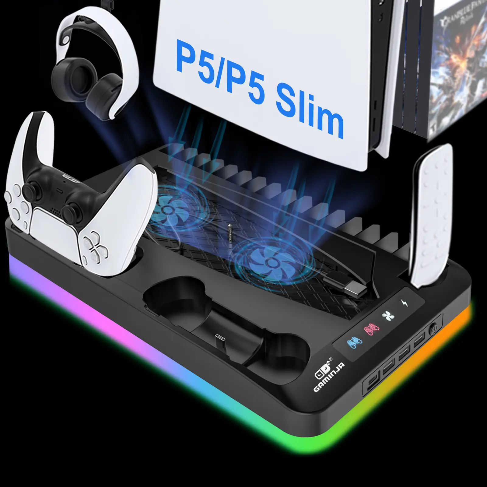 YLW GAMINJA Transparent Charging & Cooling Dock Stand for PS5 Slim Console, Dual Controller Charger, PS5 Controller Game Console Accessories, Gamer Stuff