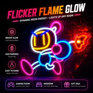 Arcade Bomb Character Neon Sign - Dynamic Flame Light, Colorful USB-Powered Acrylic LED Wall Decor for Gamer Room, Man Cave, Birthday Gift