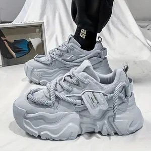 Men's Breathable Mesh Chunky Sneakers - Light Gray, Casual & Sporty Running Shoes with Height Boost, Versatile for All Seasons, Lace-Up Closure, PVC Sole