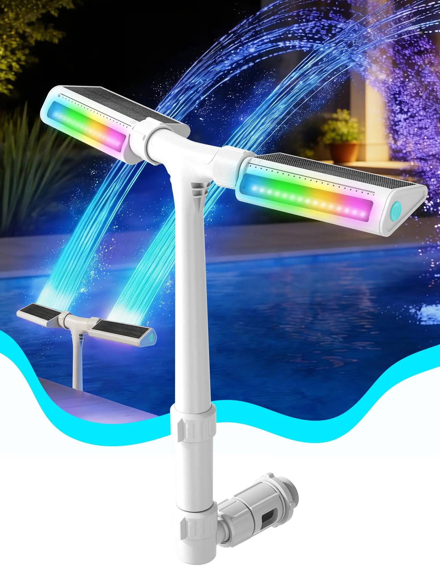 POOLHOUR Solar Fountain Pump - Outdoor Solar-Powered Waterproof Model with 10-Color LED Lights, 4-Mode Lighting, Dual Spray Waterfall Sprinkler, 360° Adjustable Head, Water Cooling for Above & Inground Pools (White), Pool