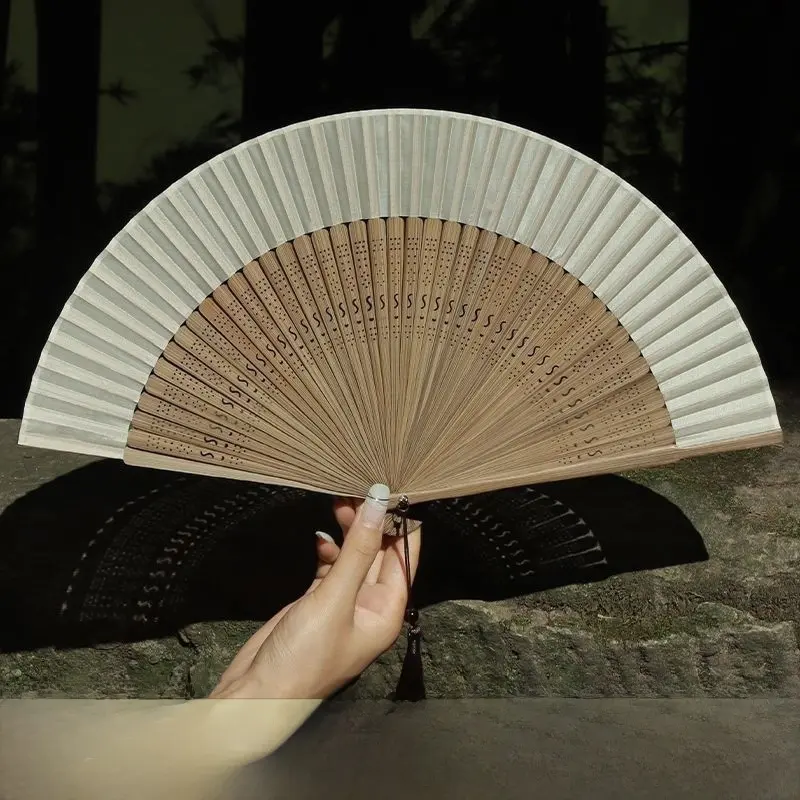 Retro Chinese Style Folding Fan, Classical Hollow Carved Hand Fan, Compact Large Rib Vintage Decor Fan