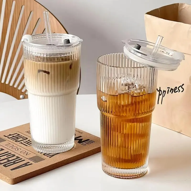 Stylish Ribbed 18oz (540ml) Thickened Glass Tumblers Set with Straight Straw - Kitchenware Glass Drinking Cups for Iced Coffee, Smoothie, Glass Drinking Cup, Thickened Glass Cups