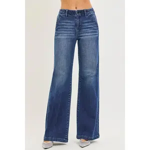 RISEN High Rise Wide Leg Slanted Pocket Jeans