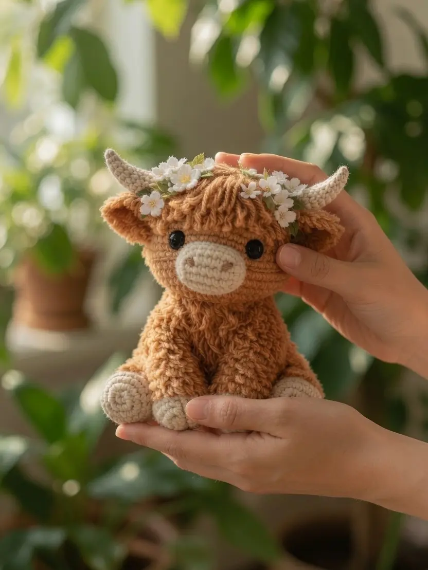 Highland Cow Crochet Plush, Cute Highland Cow Stuffed Animal, Handmade Cow Plushie with Flower Crown, Farm Animal Gift