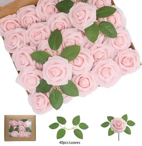 40 PCS Artificial leaves and 25Pcs Artificial Roses Flowers Fake Roses with Stems Real Touch Foam Flowers for DIY Wedding Bouquet Party Centerpiece Floral Arrangement Party Home Decor