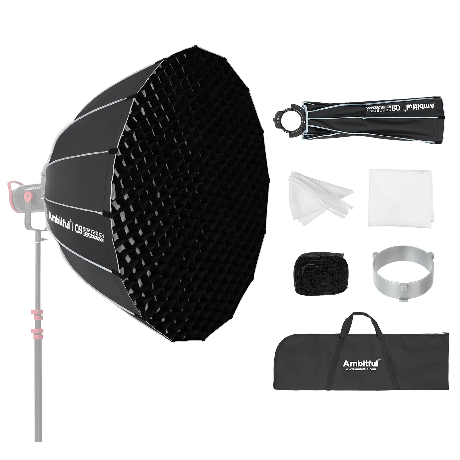Ambitful Q9 Quick-Release Deep Parabolic Softbox with 60cm+ Grid, Bowens Mount, Camera Lighting Attachment for Studio Lighting, Content Creation Photographers