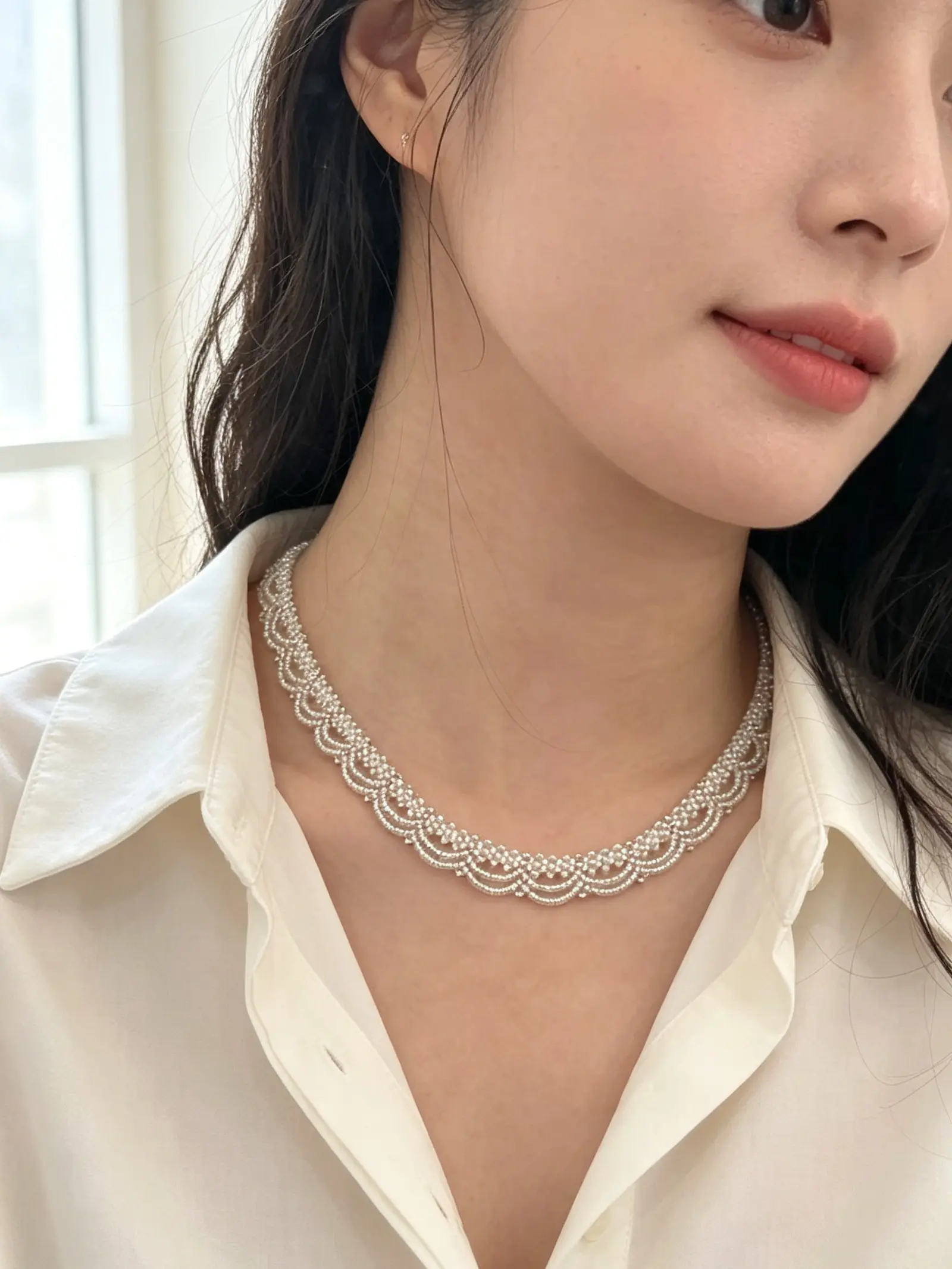 NO.16-Lace Wavy Freshwater Pearl Choker, Dainty Hand Woven Scalloped Pearl Collar Necklace for Women