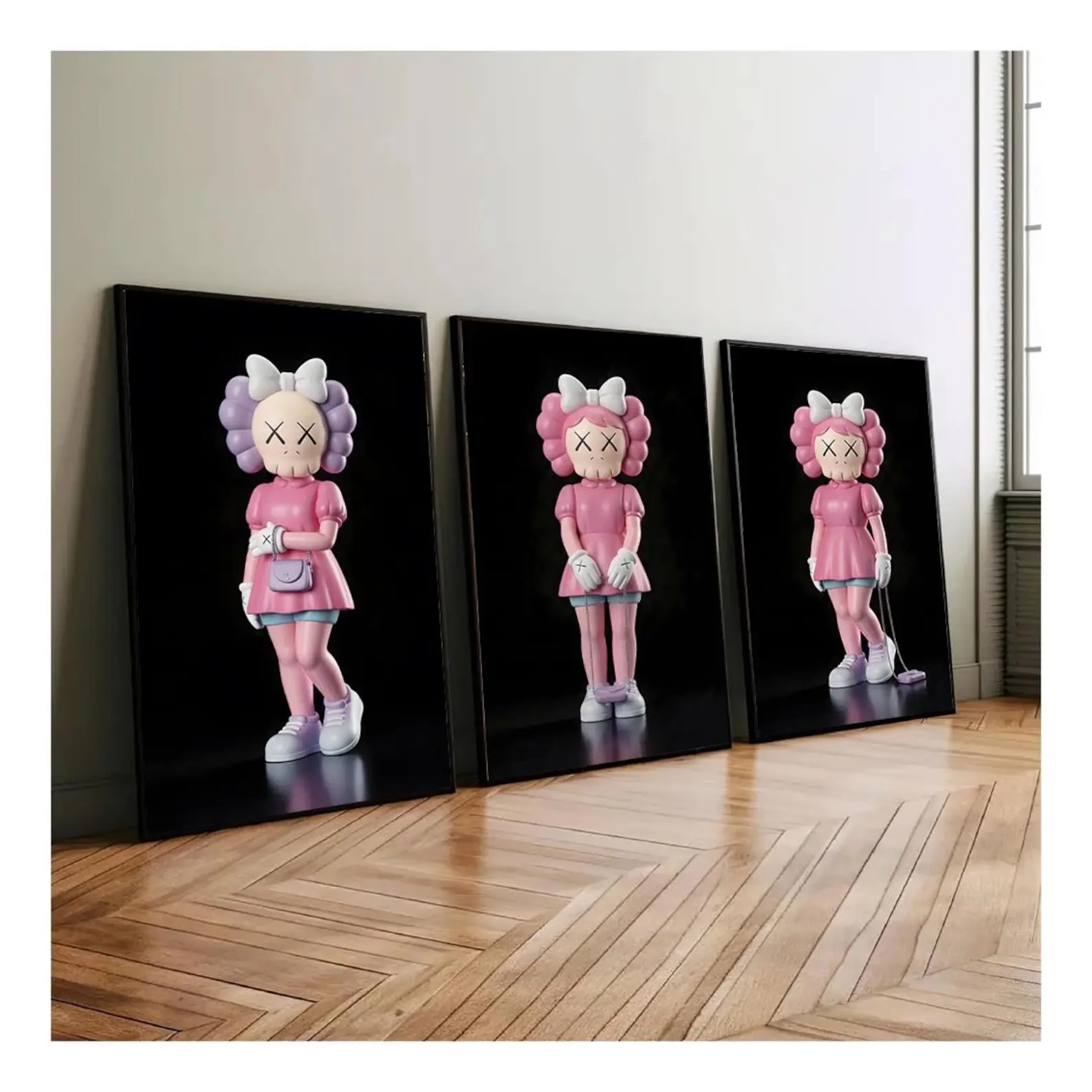 Pink KAWS Graffiti Poster Set of 3, Hypebeast Sneaker Wall Art, Minimalist Figure Bedroom Decor, Girly Urban Pop Culture Prints