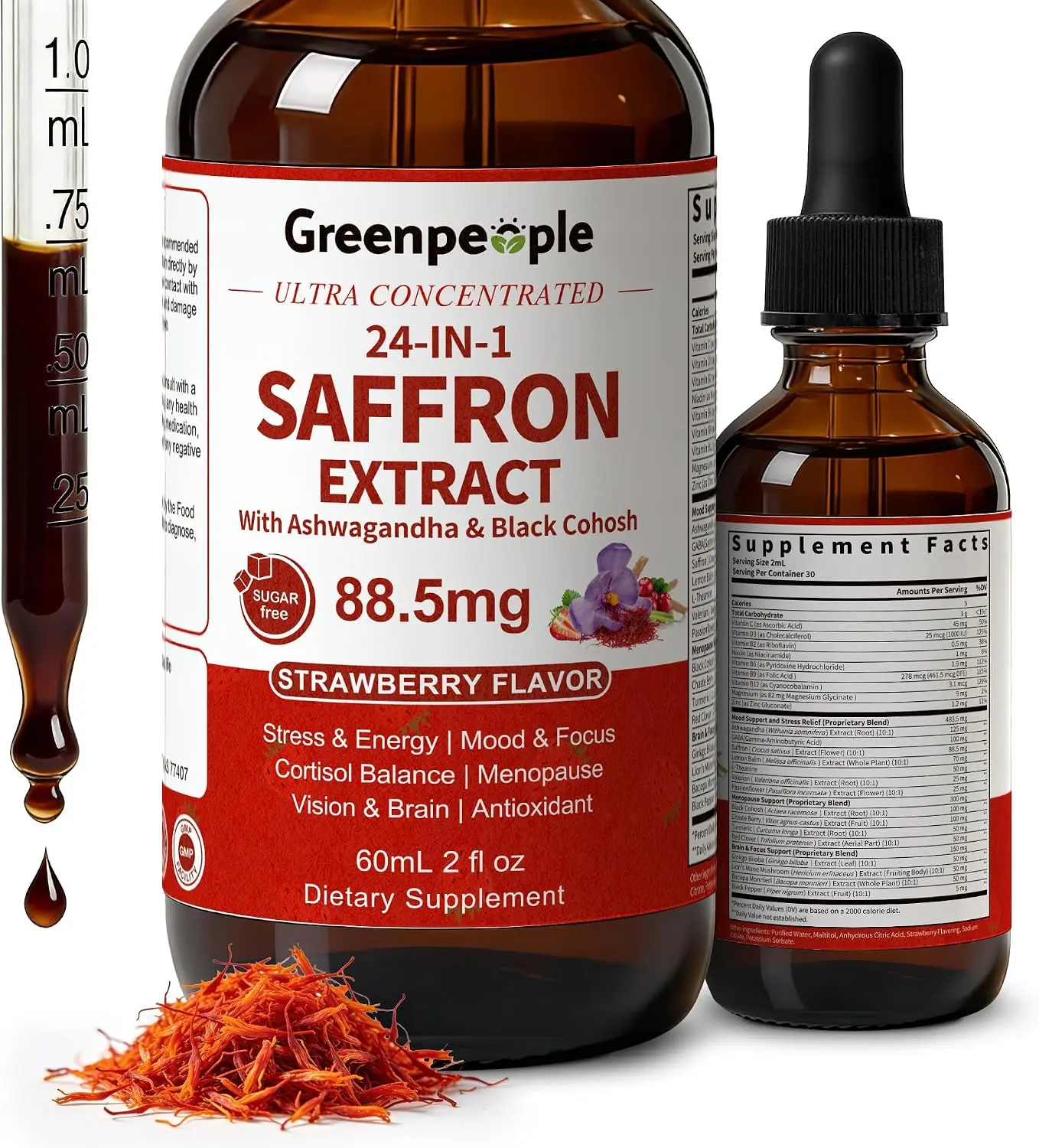 GREENPEOPLE Saffron Extract Supplements for Women Drop, 2 Fl Oz Strawberry