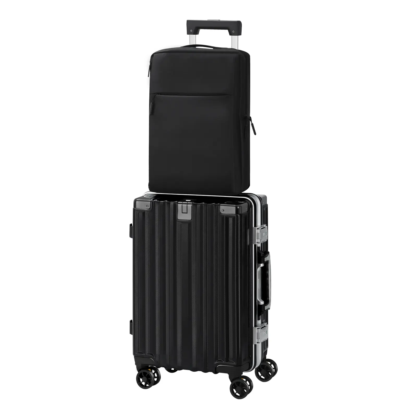Modern 20-Inch Black Aluminum Frame Carry-On Luggage - Shockproof Corners, Multi-Compartment Hard Shell, USB Port, Drop-Resistant Metal Construction, Handle Extension for Business & International Travel