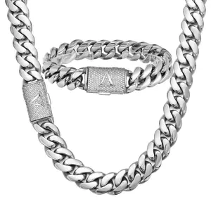 Chunky Silver Miami Cuban Chain Stainless Steel Necklace Diamond-Cut Letters Width 14mm 20/24/26/28in Custom A-Z Initial Engraved for Party Daily Wear Punk Rap Jewelry Gift