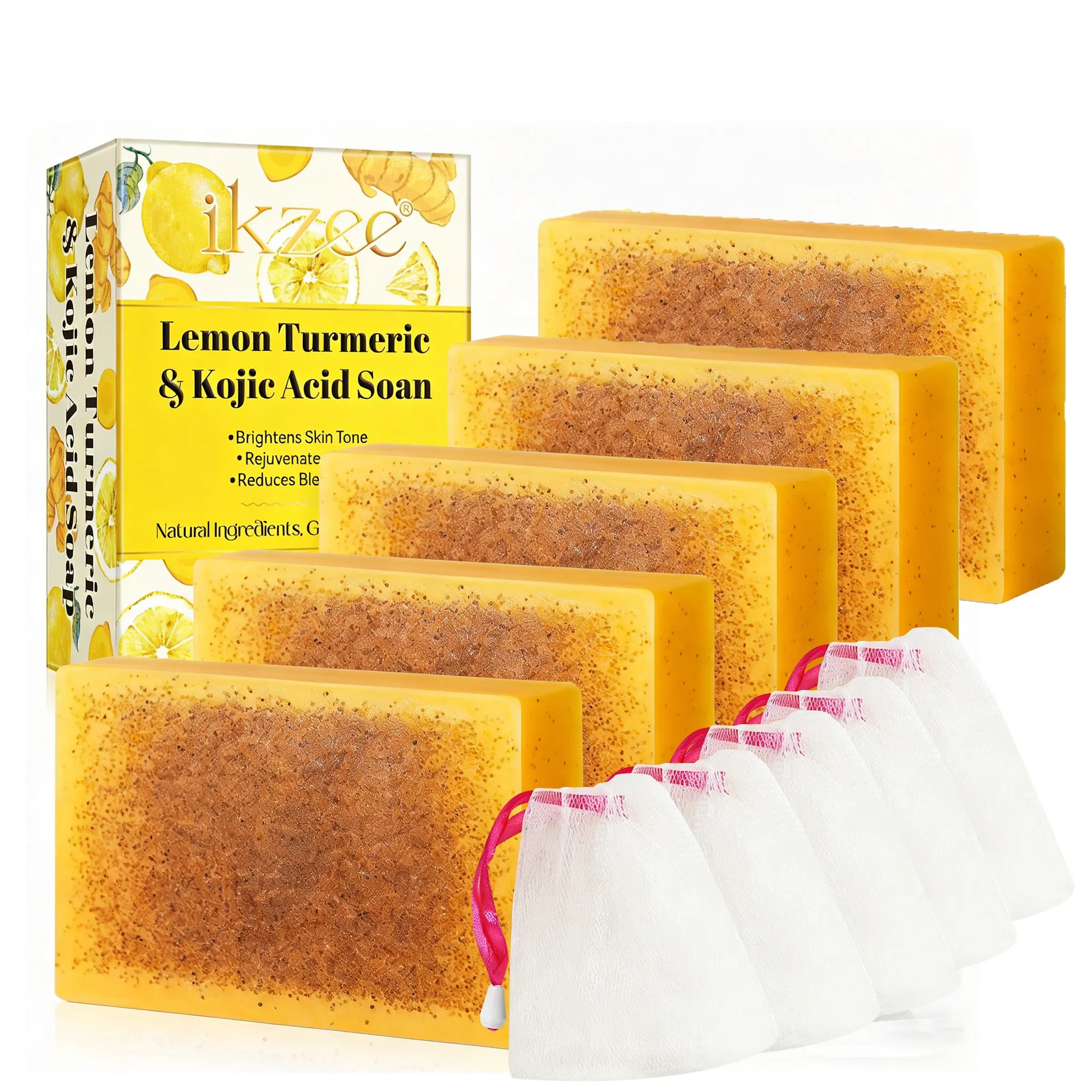 5 bars of 100g turmeric lemon Brightening Soaps are suitable for brightening, gentle, moisturizing, Hydrating daily cleansing, suitable for all skin types and contain 5 foaming nets Cleanser