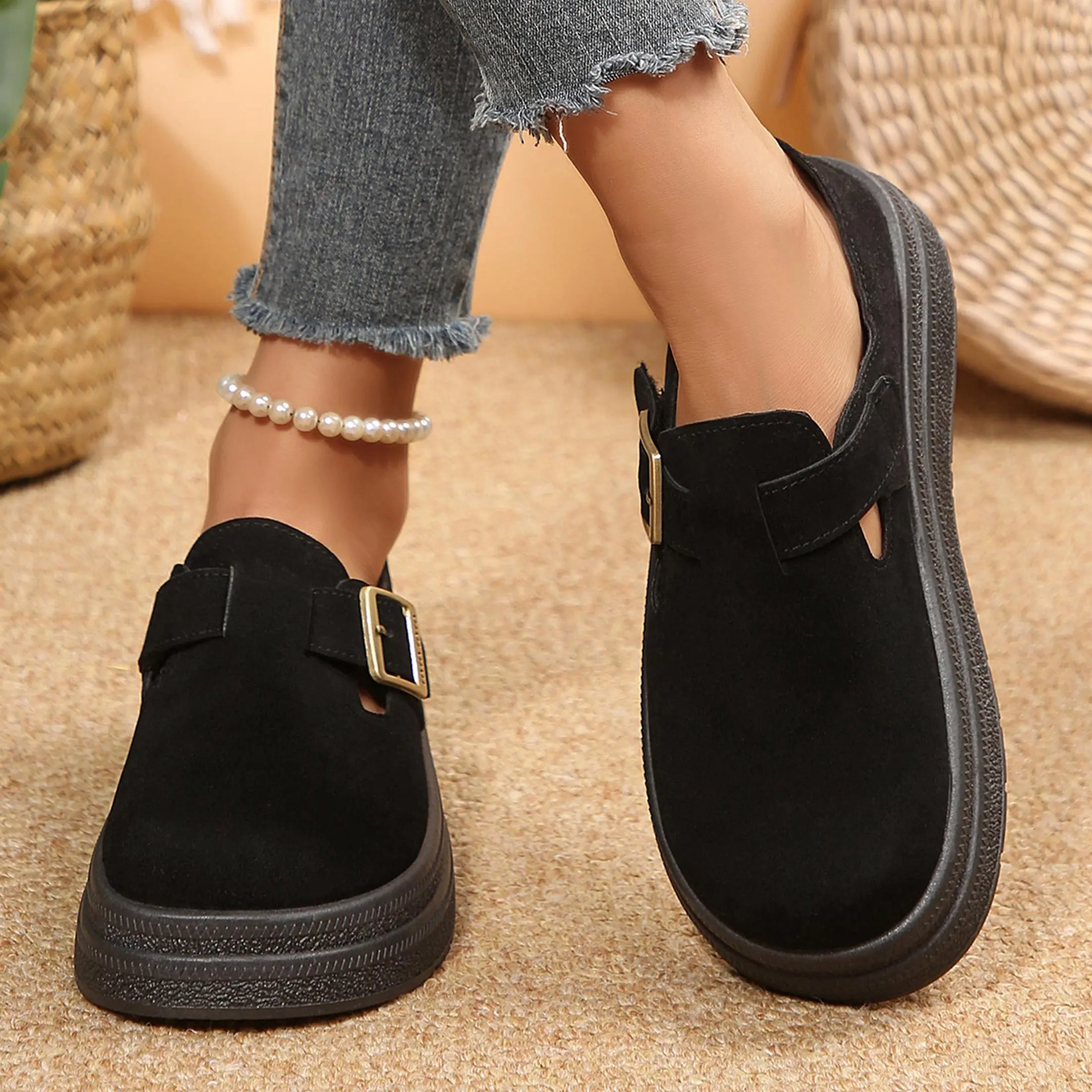 Women's Retro Loafers Suede Platform Mules Cork Footbed Slippers Adjustable Buckle Potato Shoes for Perfect Fit