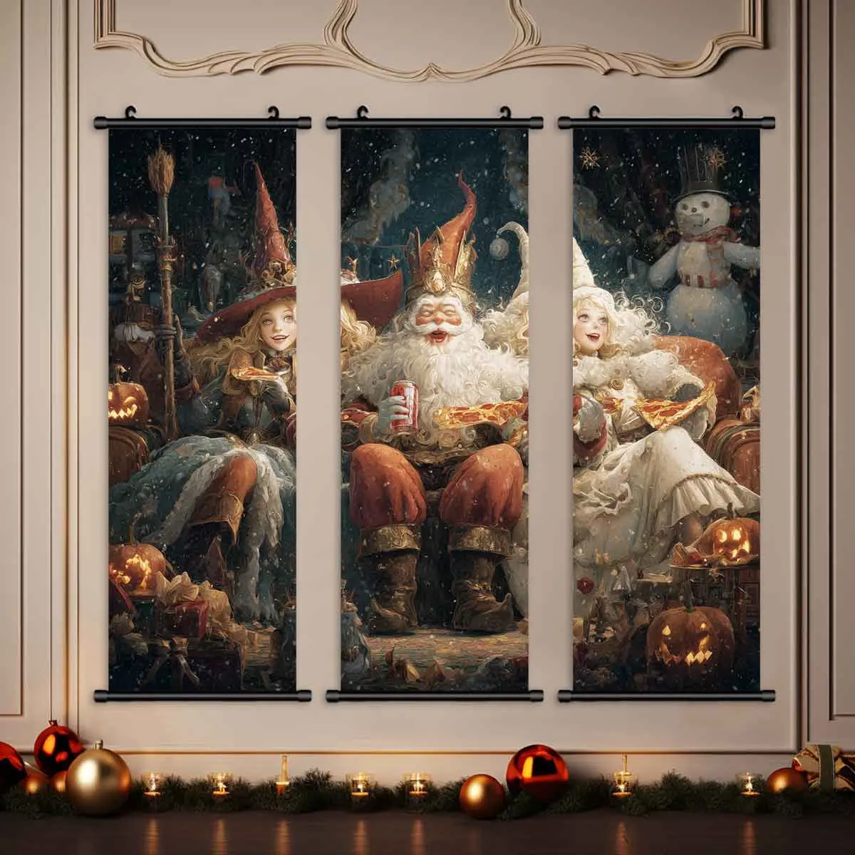 3-Piece Christmas Wall Art Set, Santa Eating Pizza & Witch Posters, Modern Home Decor, Modern Home Decoration, Waterproof HD Prints, Gift Box Included