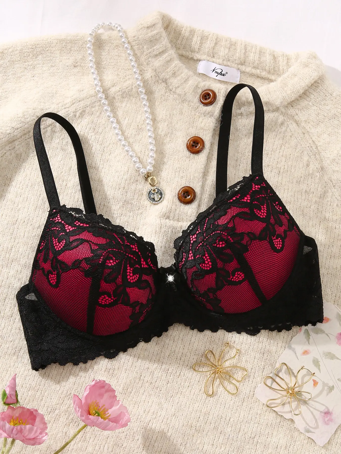 Women's sexy lace embroidered bralette bra with Buckle, with Medium support, push-up and lifting design, suitable for everyday, dates, parties, and special occasions; a perfect Valentine's Day gift, Lingerie Push Up Bralettes