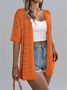 Women's Plain Hollow Out Open Front Cardigan without Bottom, Casual Basic Half Sleeve Knitwear for All Seasons, Fashion Women's Knit Clothing for Daily Wear, Womenswear