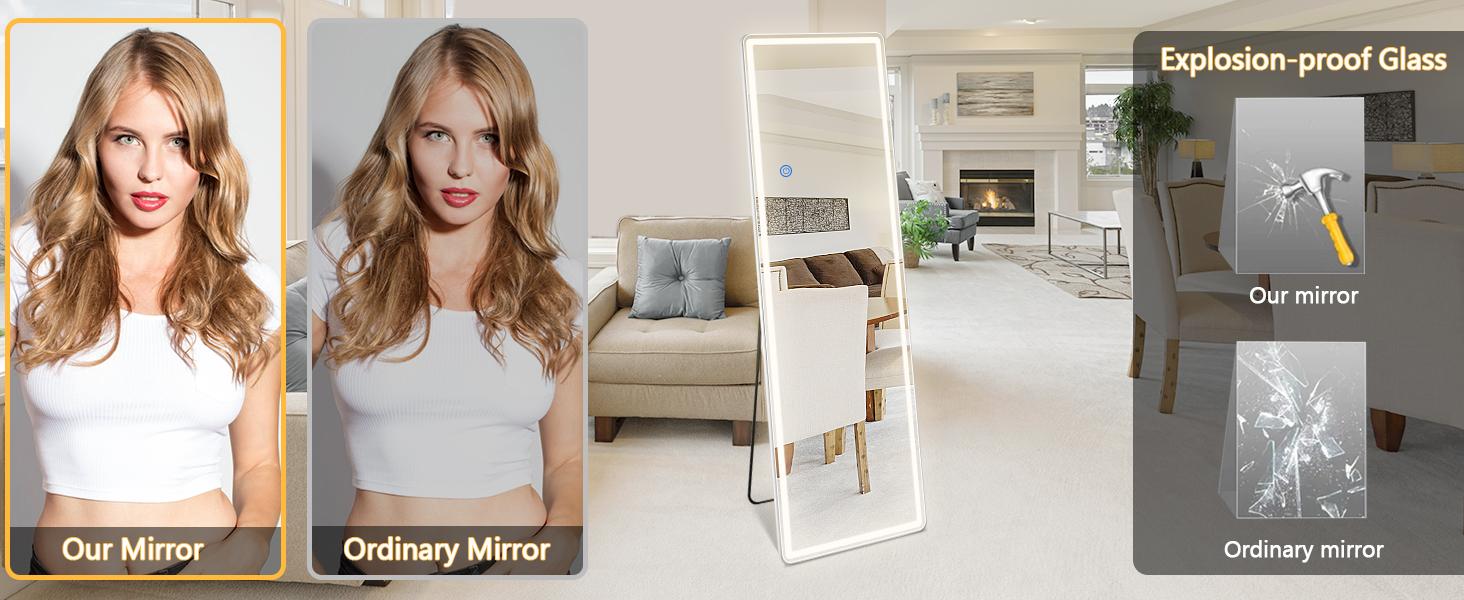 [LIVE4] 64"x21" Floor Mirror with Stand, Mirror Full Length Standing with LED Lights,  w/Dimming & 3 Color Lighting, Wall Mirror Aluminum Alloy Frame