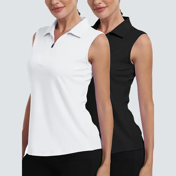 Veldtholos 2-Piece Women's Sleeveless 1/4 Zip Golf Polo Shirts & Tank Top, White & Black Golf Wear with Tennis Attire, Workout Tops for Athletic Active Women