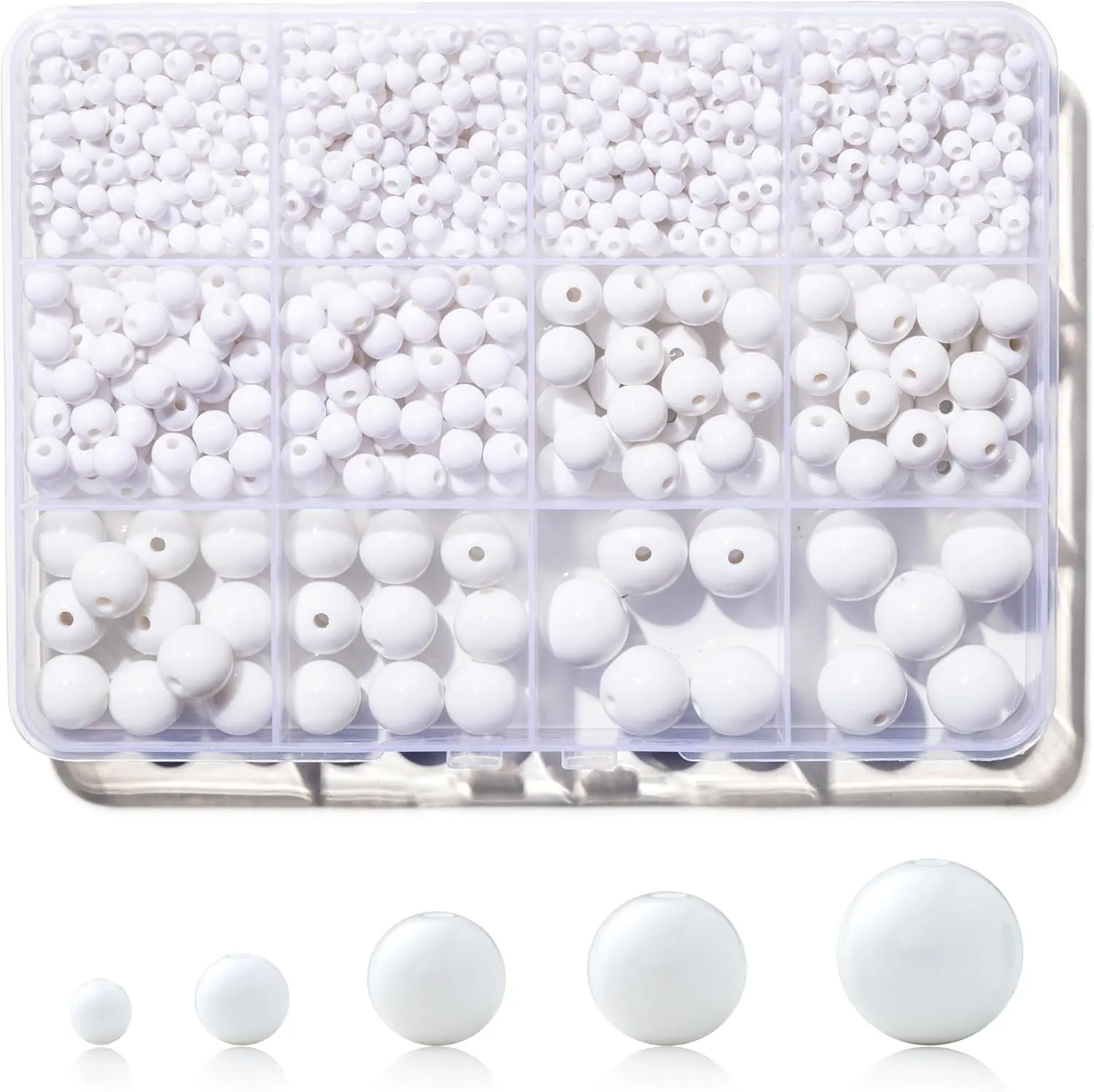 1200 count White Beads,  Pony Beads, 4/6/8/10/12mm Round White Bead for Bracelets, Spacer  Beades, Craft Bead for Bracelet Necklace  Making