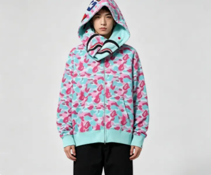 Pink mint camo shark hooded sweatshirt, all over pink and mint camo print fabric, shark graphic on hood, zip up hoodie, hip hop casual top 3.