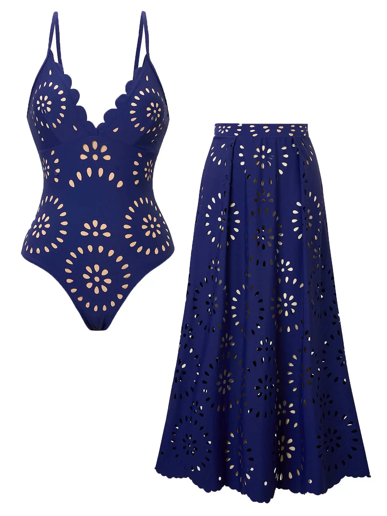 Women's Sexy Laser Cut Hollow Lace One-Piece Swimsuit Set, Slimming Beach Vacation Two-Piece Swimwear with Skirt, Skirt Style Swimdress, Casual Fitted Design, Swimdress Bathing Suits, Summer Beach Swimdress, Swimsuits With Skirt
