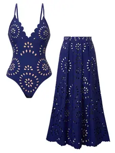 Women's Sexy Laser Cut Hollow Lace One-Piece Swimsuit Set, Slimming Beach Vacation Two-Piece Swimwear with Skirt, Casual Fitted Design