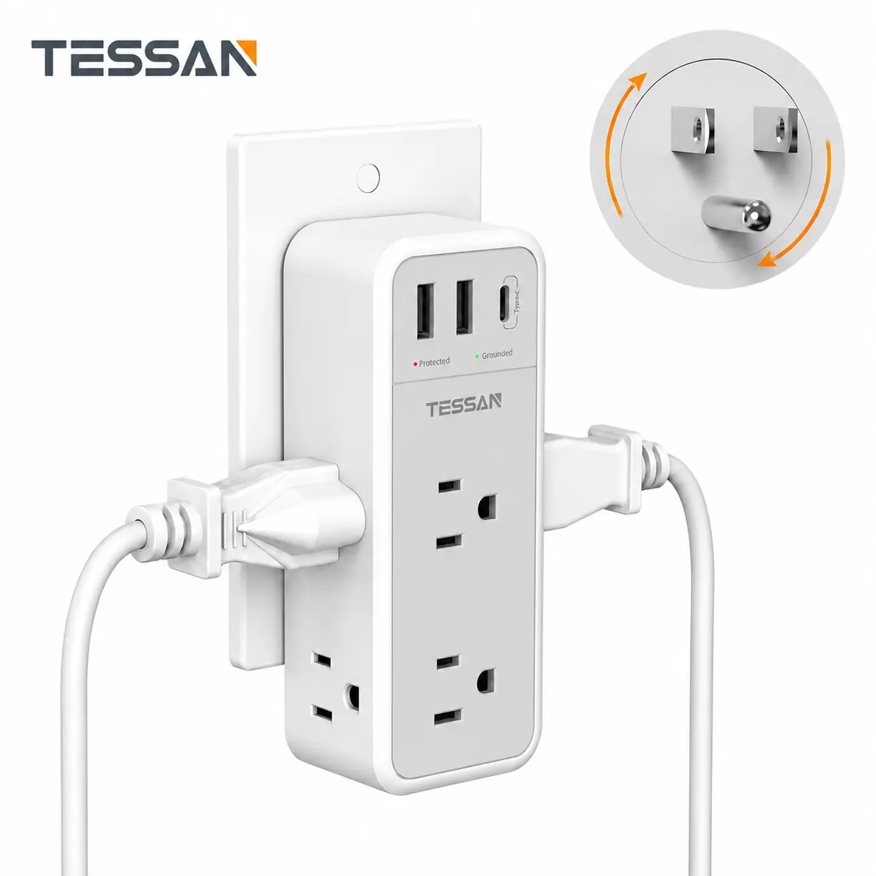 TESSAN Multi Plug Wall Outlet Splitter with Fully Rotating Plug, 1800J Surge Protector Outlet Extender with 6 AC Outlets & 3 USB Ports (1 USB-C), 1875W 3-Sided Wall Adapter for Home, Office & Dorm Room
