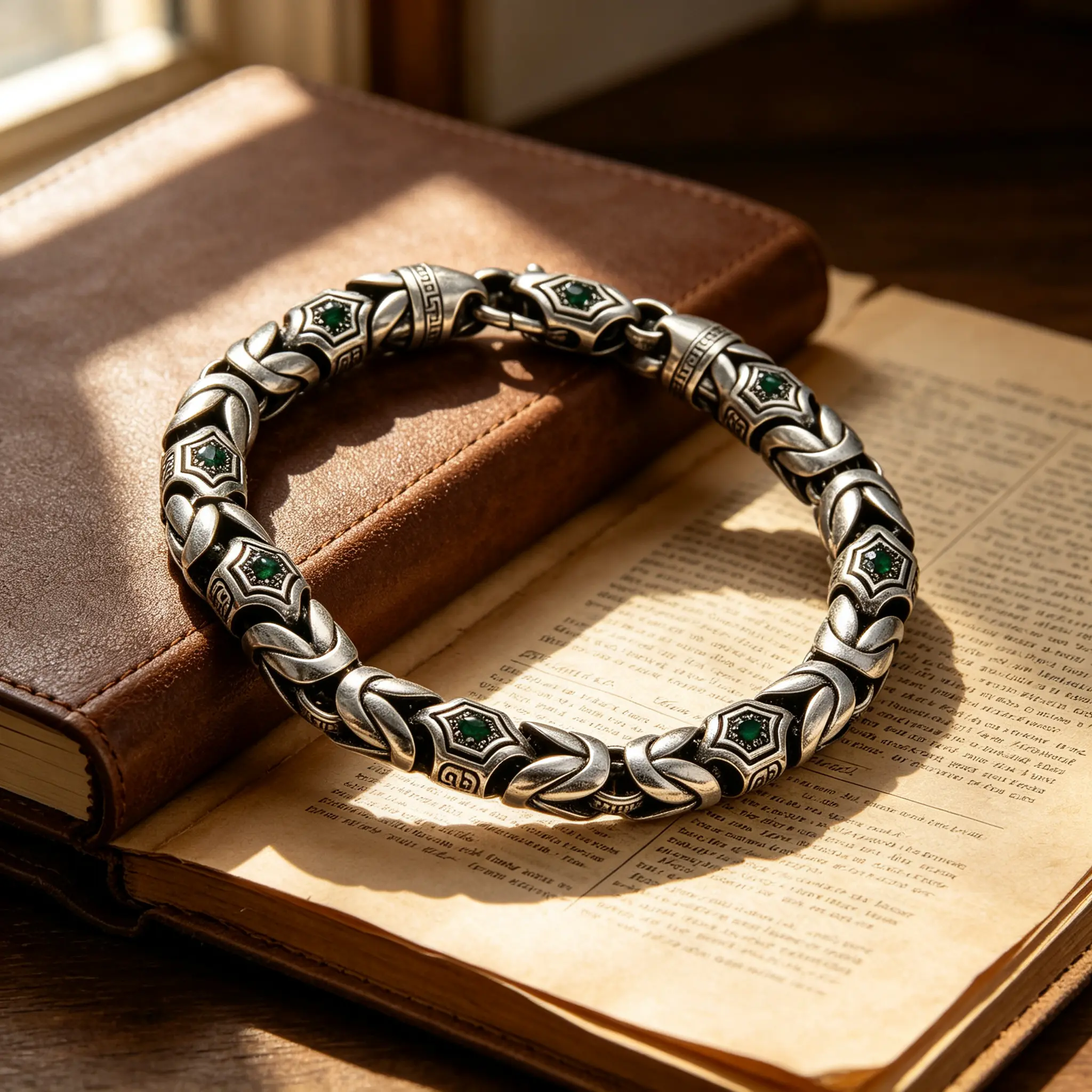 Men's 925 Sterling Silver Byzantine Link Bracelet - Vintage Oxidized Chain with Emerald Crystal Inlay, Antique Tone, Multi-Size 7/8/9 in Casual Wear Fashion Costume Jewelry, Oxidized Finish