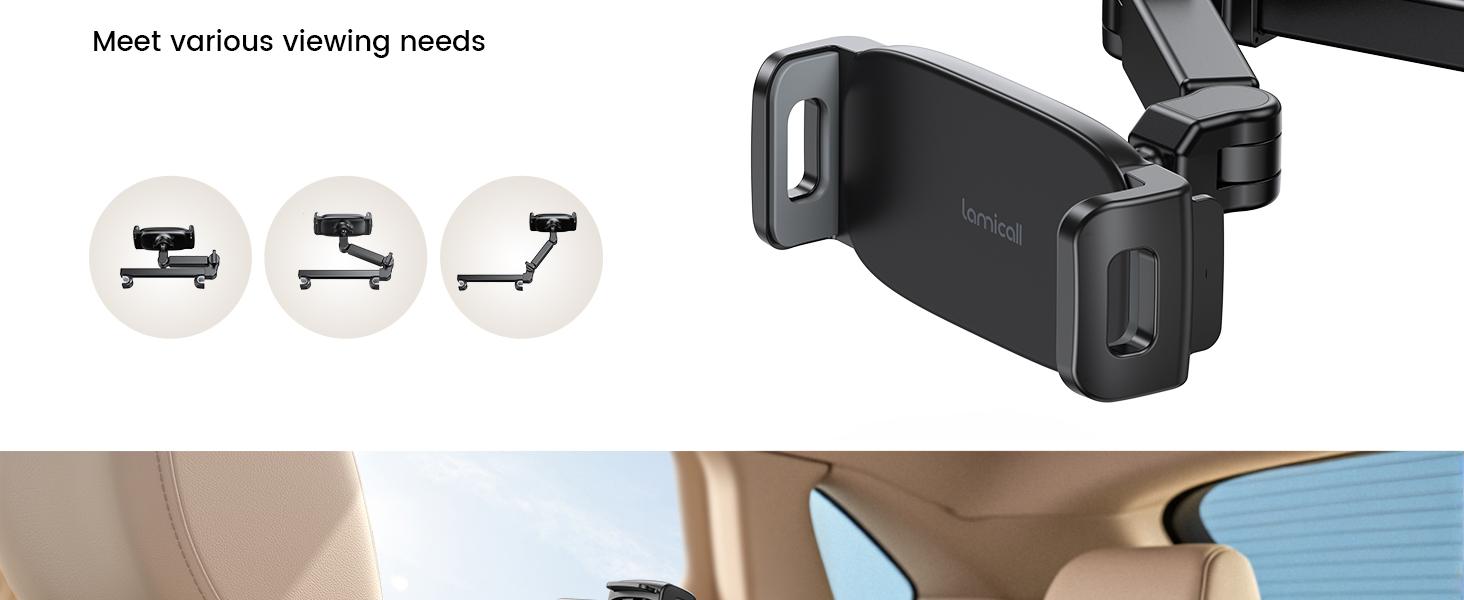 Lamicall Car Headrest Tablet Holder - [3 in 1 Extension Arm] Adjustable Tablet Car Mount for Back Seat, Gifts Road Trip Essentials for Kids, for 4.7-11" Devices