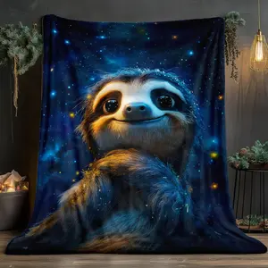 1pc Sloth in Starry Night Blanket - Ultra-Soft Flannel Bedspread/Throw - Lightweight All-Season Couch, Bed, Camping, Travel - Deep Blue & Golden Design - Cozy Sloth Face & Starry Sky Bedding Decor - Perfect Gift for Sloth Lovers