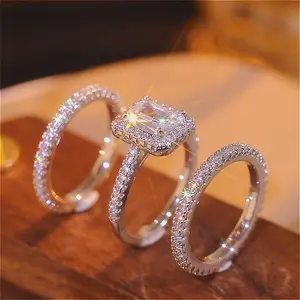 3pc/set Shiny Square Jewelry Gift for Her - Sparkling Synthetic Zirconia Stackable Rings, Perfect for Engagement, Anniversary, Christmas/New Year/Valentine’s