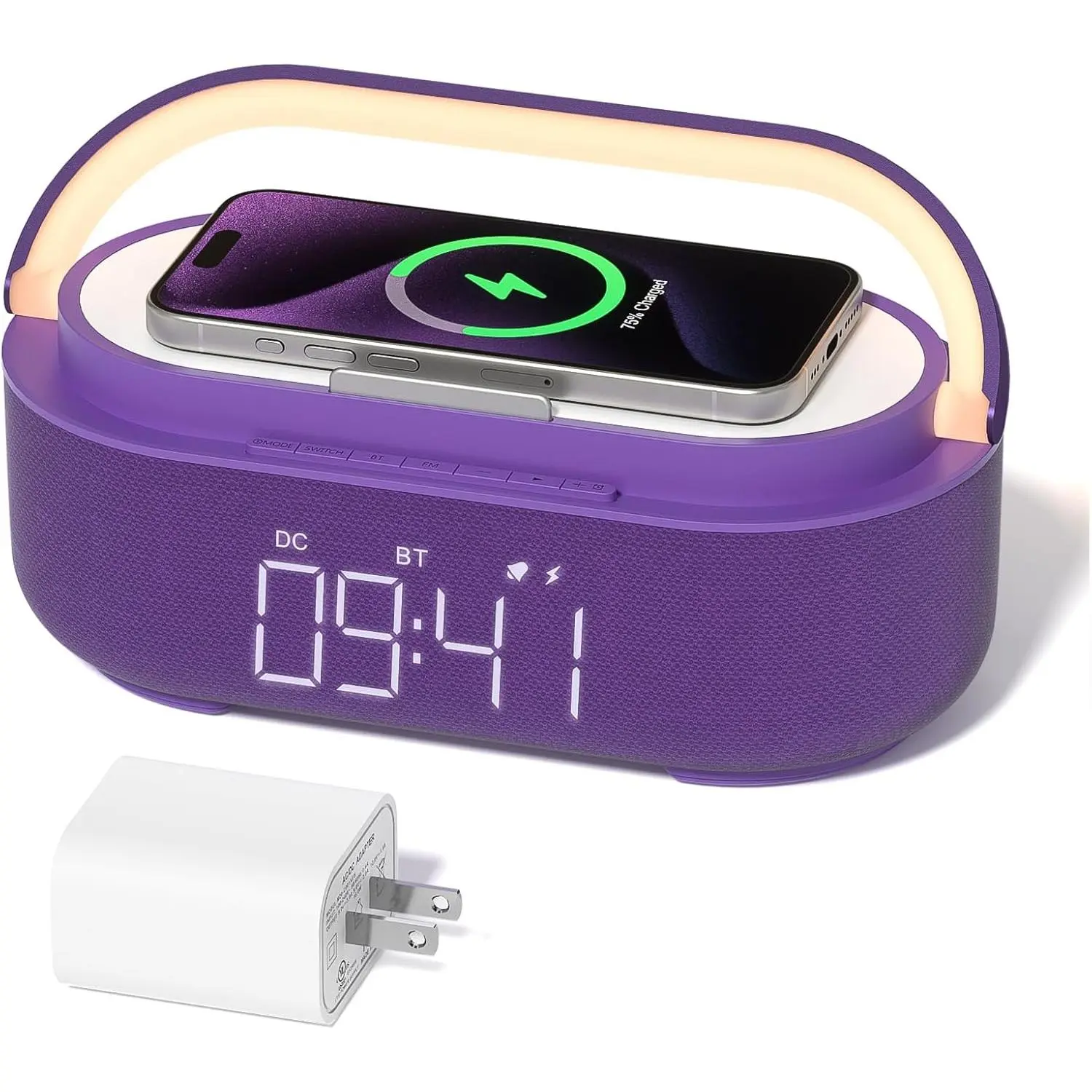 6-in-1 Adjustable Bluetooth 5.3 Audio Speaker Alarm Clock with LED Light, Digital Display, 15W Wireless Charger, FM Radio, 2500mAh Battery, Snooze, Fabric Wrap, 4 Brightness Settings, Noise-Reducing Bedroom Home Decor (Galaxy Compatible)