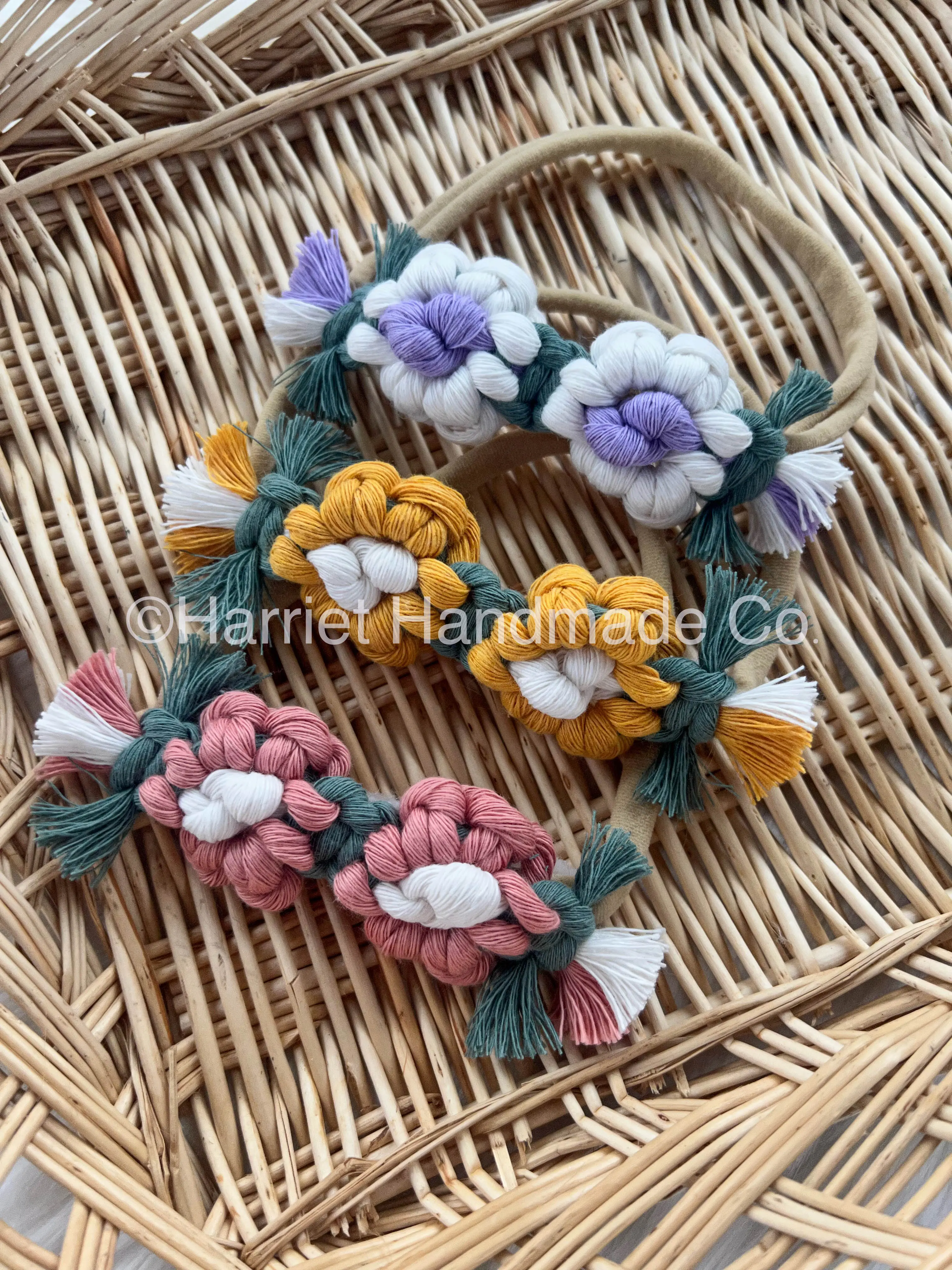 Handmade Macrame Daisy Bow Headband | hair accessories stretchy headband nylon band stretchy boho bohemian summer hair style festival wear