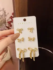 3 Pairs Bow Stud Earrings Set, Elegant Alloy Butterfly Knot Design, All Seasons Fashion Jewelry for Women, Wedding Set Earrings
