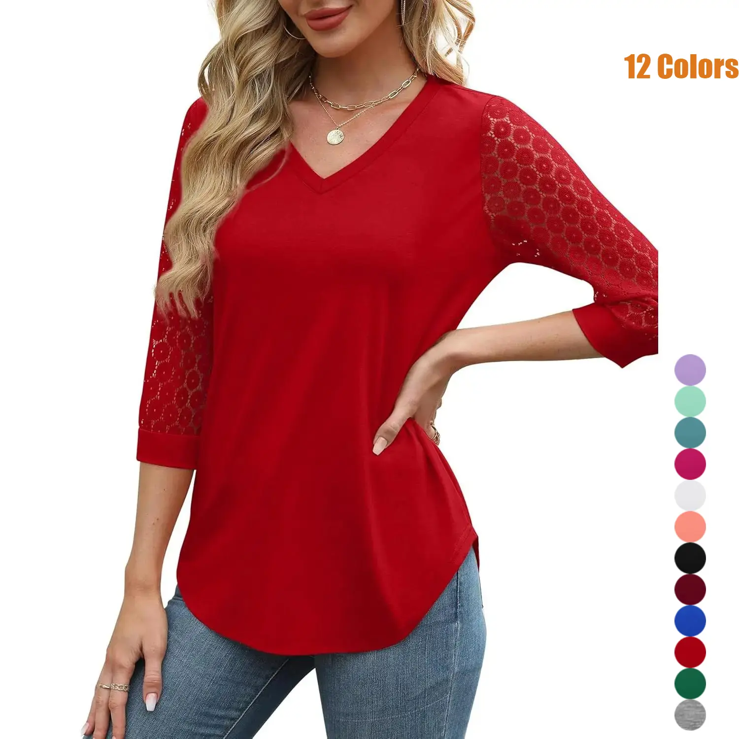 3/4 Length Sleeve Womens Tops V-Neck Lace Tunic Tops Business Casual Blouses Spring/Summer 2026 collection