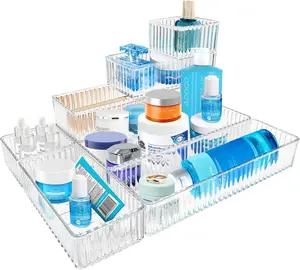7 PCS Clear Drawer Organizers Bins, 4-Size Stackable Makeup Vanity Drawer Organizer Trays, Acrylic Bathroom Drawer Organizer Storage Containers for Cosmetic,Office Supply Adoco