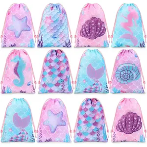 Clabby 12 Pcs Mermaid Drawstring Backpack Bulk Mermaid Party Favor Bags Candy Gifts Treat Bags for Birthday Party Supplies Fish Scales Under the Sea Ocean Theme Decoration