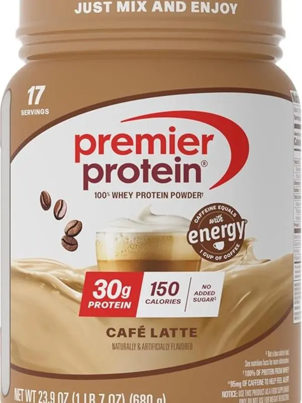 Premier Protein Powder, Café Latte, 30g Protein, 95mg Caffeine for Energy, No Added Sugar, 100% Whey Protein, Keto Friendly, Soy & Gluten Free, 23.9 oz (17 Servings)