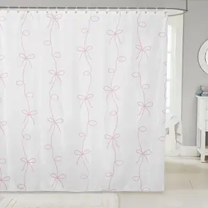 Feelyou Washable Polyester Digital Print Pink Coquette Bow Curtain - Kawaii Look, Multi-Size Fabric Pattern Curtain with Included Hooks, Cute Decorative Girls' Bathroom Decor, Bow Curtain Curtains, Cute Decorative Curtains