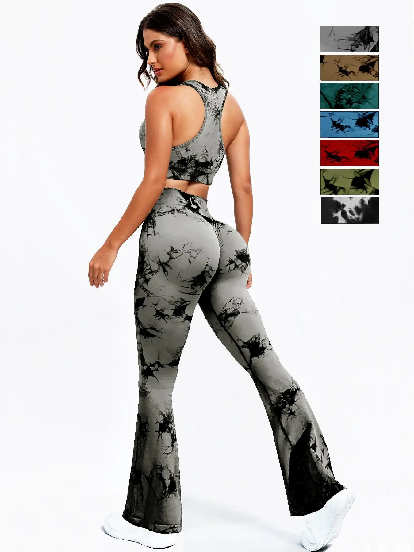 Women's Tie Dye Print Racer Back Bra & Ruched High Waist Flare Leg Pants Tracksuit Set, Workout Set, Sleeveless Crop Top & High Rise Leggings, Jogging