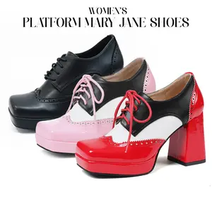 Womens Platform Mary Jane Shoes Closed Square Toe Chunky Block High Heels lace Up Gifts for her Brouge Colorblock Oxford Heel Comfy Slip On Retro Vinatge Casual Concert Date Party Heeled Shoes