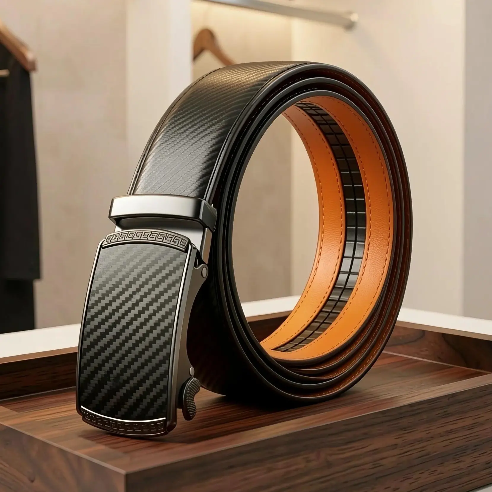 Men's High-Quality Cowhide Leather Ratchet Belt, Adjustable Buckle, Classic Design for Dress & Casual Daily Wear, Ideal Gift