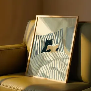 Whimsical Cat Reading Newspaper Print – Black Cat Wall Art for Retro Enthusiasts Cozy Bedroom Poster Book Lover Illustration 8x12 to 27x40 inches Unique Decoration